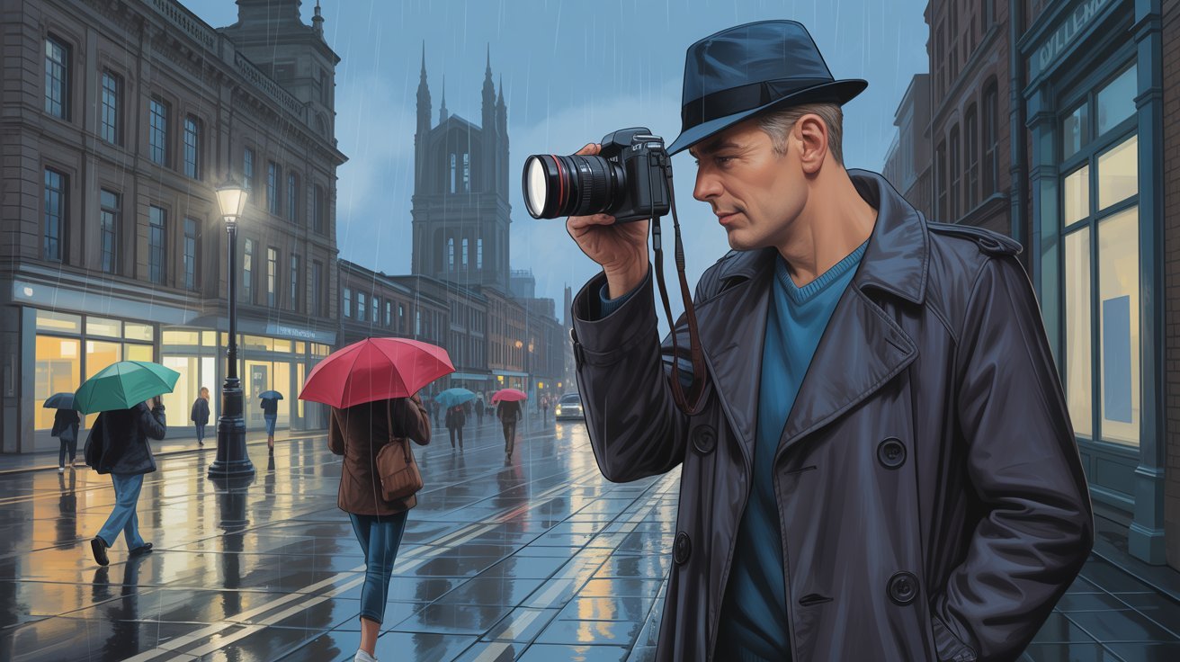 Illustrierte Szene eines Privatdetektivs mit Kamera in Leeds (England, Großbritannien) mit dem Minster im Hintergrund und bei Regen; Detektiv Leeds (England, Großbritannien), Detektei Leeds (England, Großbritannien), Detektivagentur Leeds (England, Großbritannien), Privatdetektiv Leeds (England, Großbritannien)
