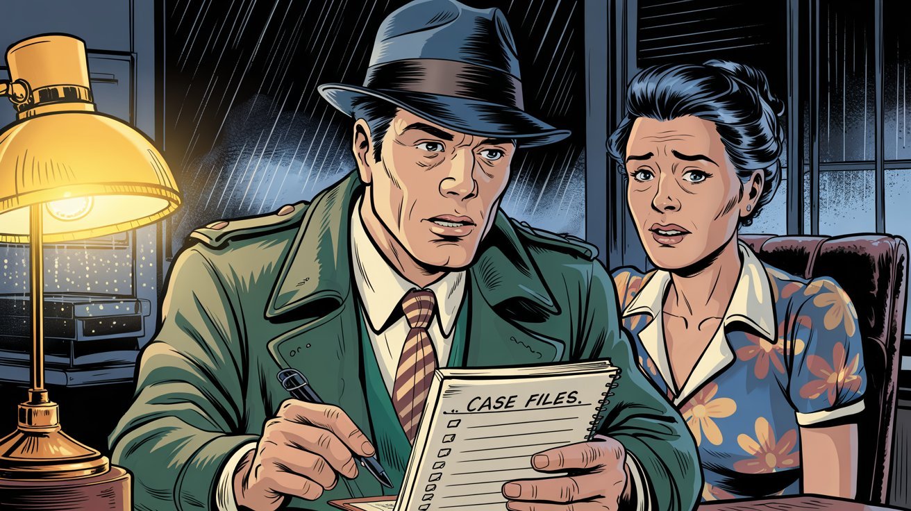 Comic-Detektiv nimmt Fallinformationen von aufgebrachter Klientin auf; Detektei in Köln, Detektiv in Köln, Privatdetektiv in Köln, Privatdetektei in Köln