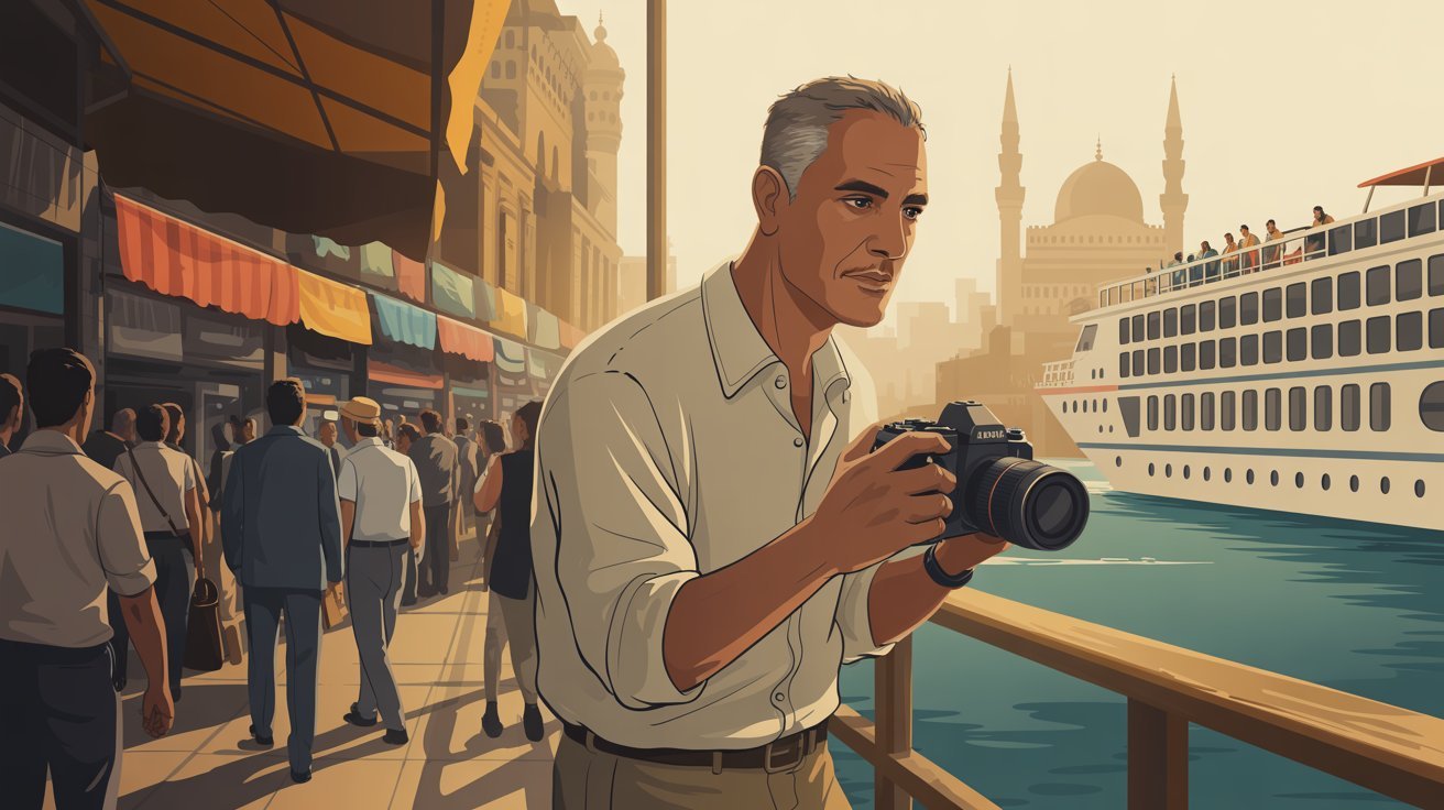 illustrierter Detektiv mit Kamera am Nil in Ägypten; Detektiv-Team Ägypten, Privatdetektei Ägypten, Wirtschaftsdetektei Ägypten, Privatermittler Ägypten