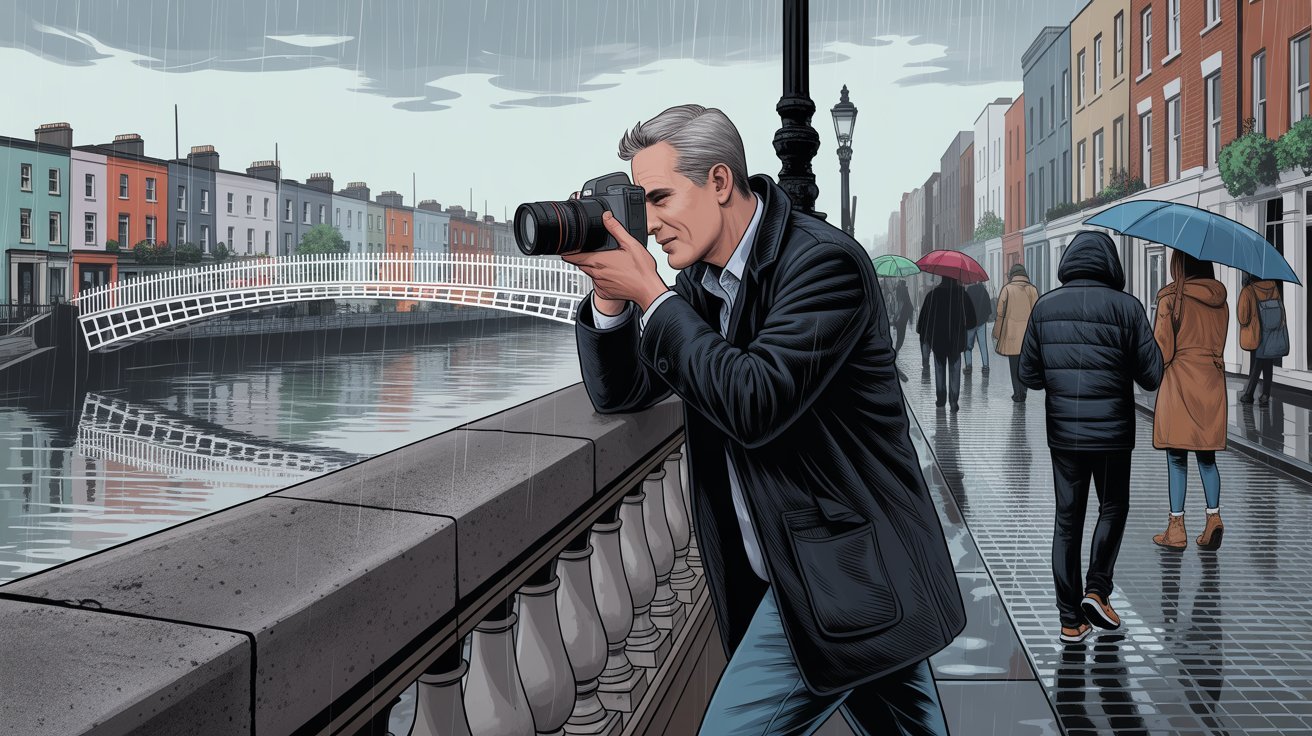 Illustrierte Szene eines Privatdetektivs mit Kamera vor Ha'penny Bridge in Dublin (Irland); Detektiv Dublin (Irland), Detektei Dublin (Irland), Detektivagentur Dublin (Irland), Privatdetektiv Dublin (Irland)