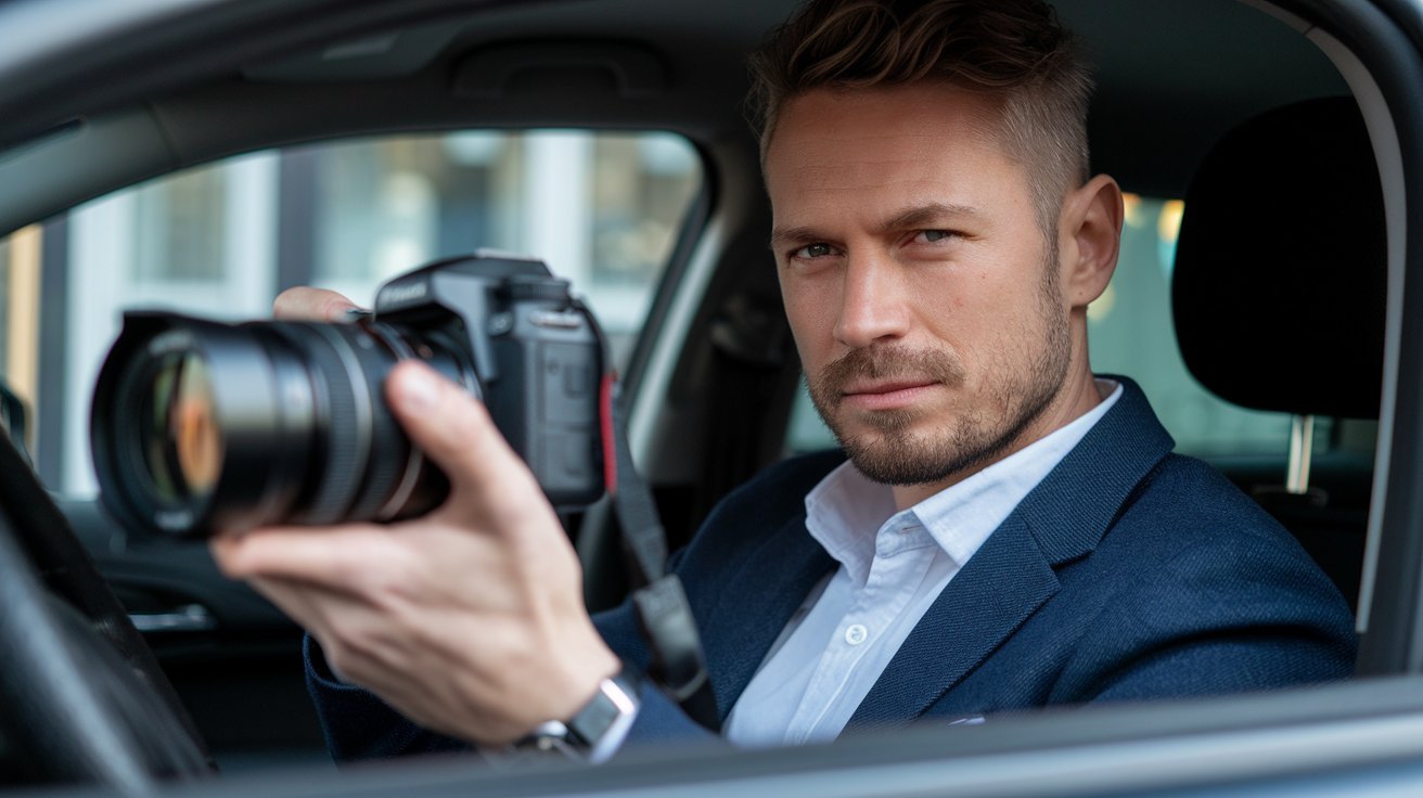 Privatdetektiv mit Kamera im Auto; Detektiv-Team Lettland, Privatdetektei Lettland, Wirtschaftsdetektei Lettland, Privatermittler Lettland