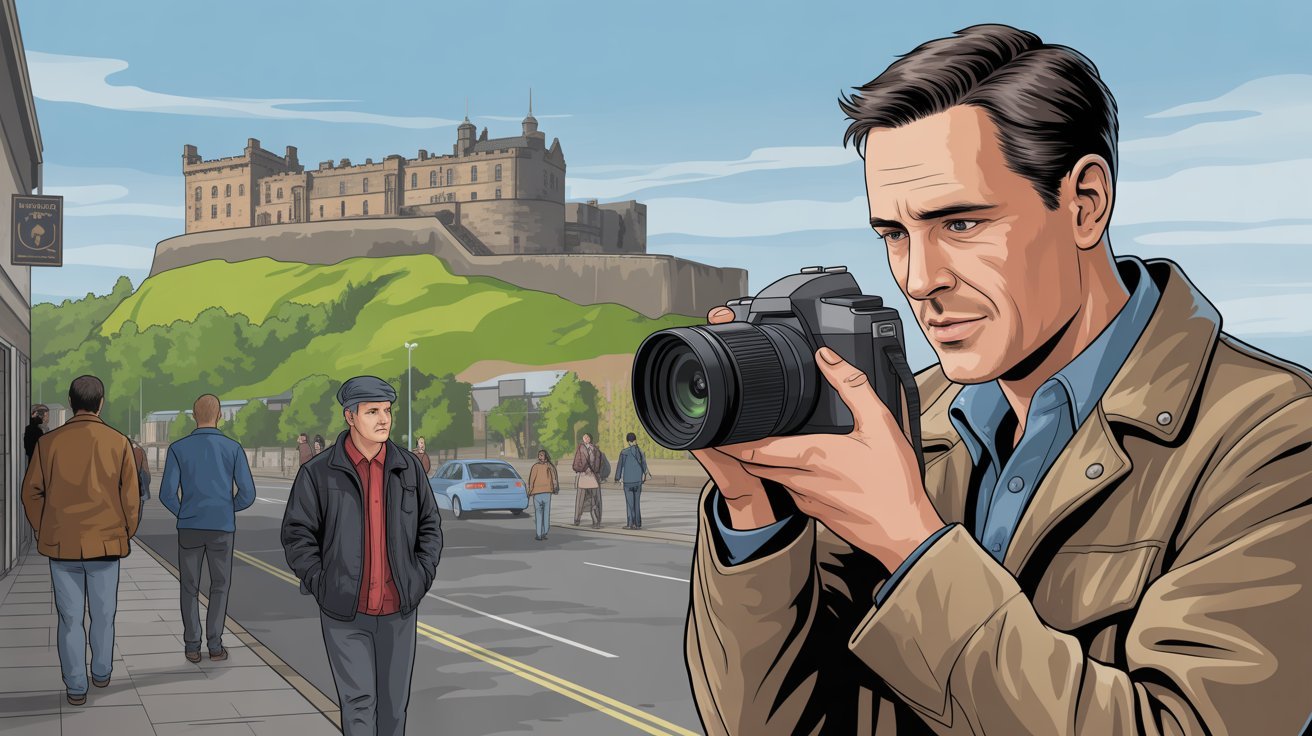 Illustrierte Szene eines Privatdetektivs mit Kamera in Stirling (Schottland, UK) mit Stirling Castle im Hintergrund; Detektiv Stirling (Schottland, UK), Detektei Stirling (Schottland, UK), Detektivagentur Stirling (Schottland, UK), Privatdetektiv Stirling (Schottland, UK)