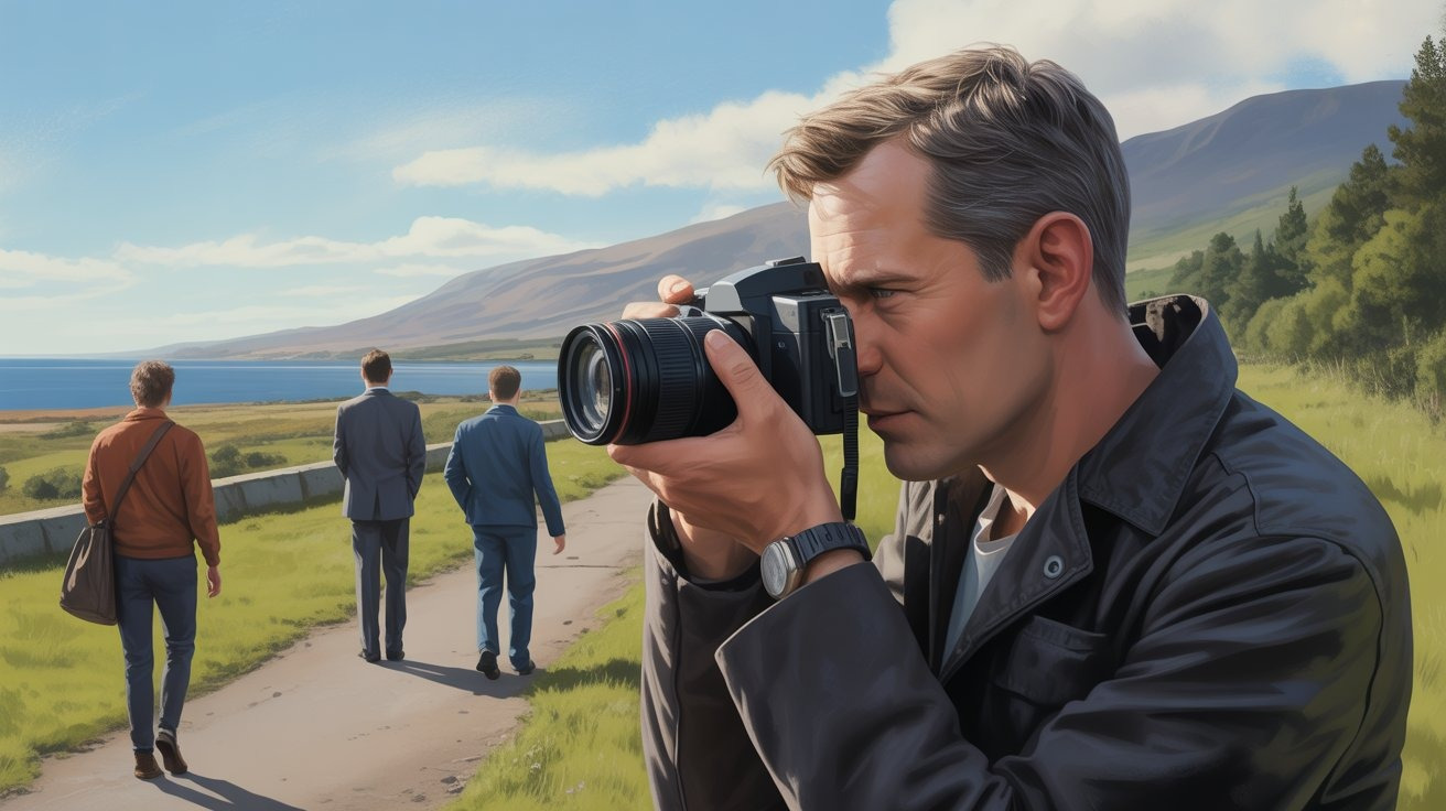 Illustrated scene of a private investigator with a camera on the Isle of Arran (Scotland, UK); Detective Isle of Arran (Scotland, UK), Detective Agency Isle of Arran (Scotland, UK), Detective Office Isle of Arran (Scotland, UK), Private Investigator Isle of Arran (Scotland, UK)